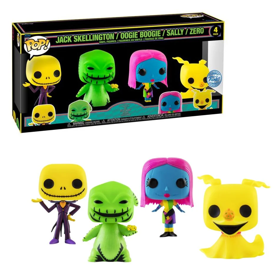 Funko Pop! Disney:Nightmare before Christmas -Jack Skellington-Oogie Boogie-Sally-Zero - Black Light-Special Edition 4-Pack